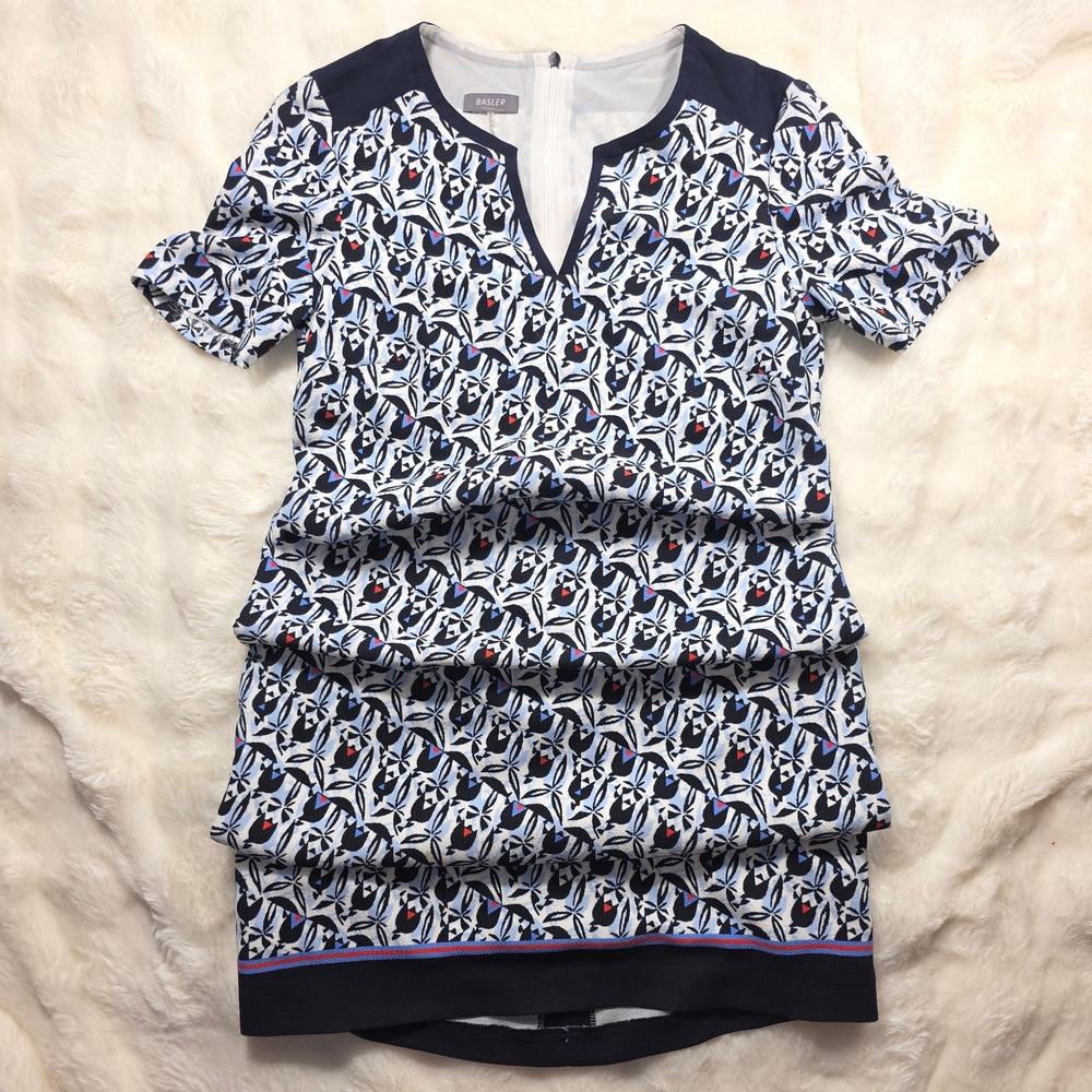 Basler Shift Dress Womens Blue White Geometric Floral Print Excellent 055